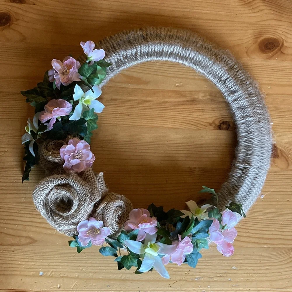 Unique handmade Spring Burlap Rose Floral Wreath, 16”, home decor, pink tan